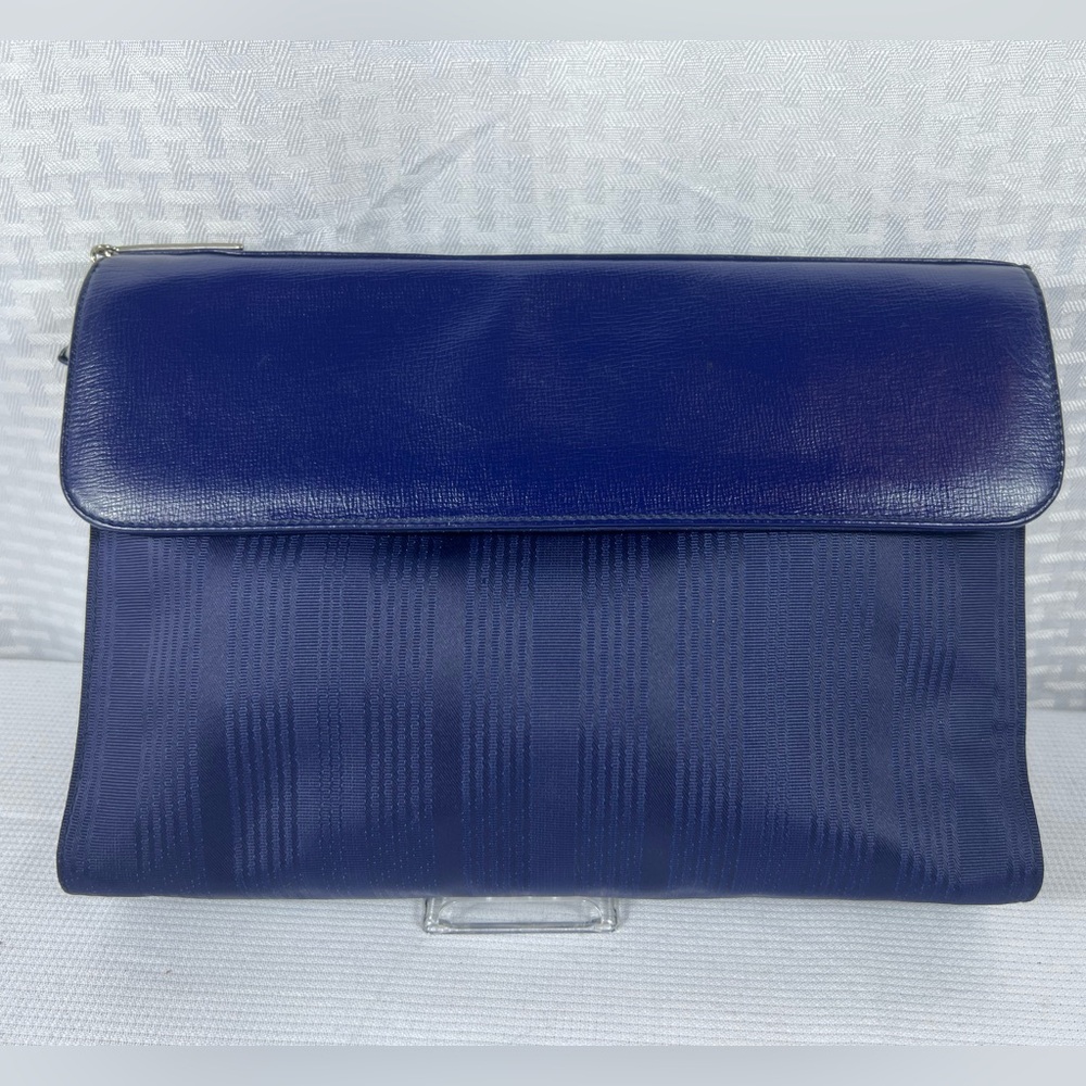 7038: Vintage Versace Navy Blue Leather & Fabric Clutch Bag